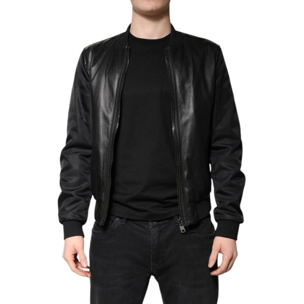 Dolce & Gabbana Black Leather Jacket with Ribbed Trim